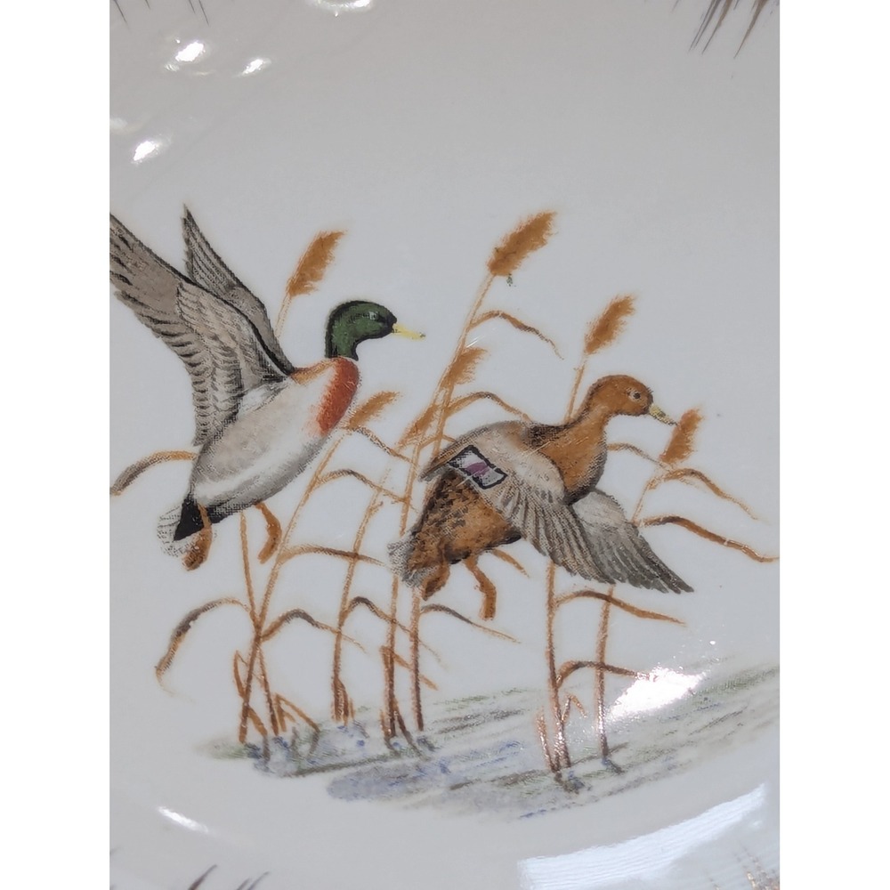 Vintage Butter Pat Dish 4 Inch White Mallard Duck Gold Rim Fall Decor